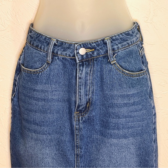 Denim Midi Length Skirt Womens M Medium Wash Slit Front y2k - Picture 2 of 5